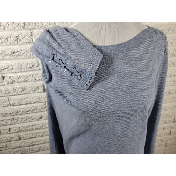 Chaps Womens Top XXL Plus Lace Up Sleeve Blue Sheer Pointelle BLU67E - Picture 5 of 8